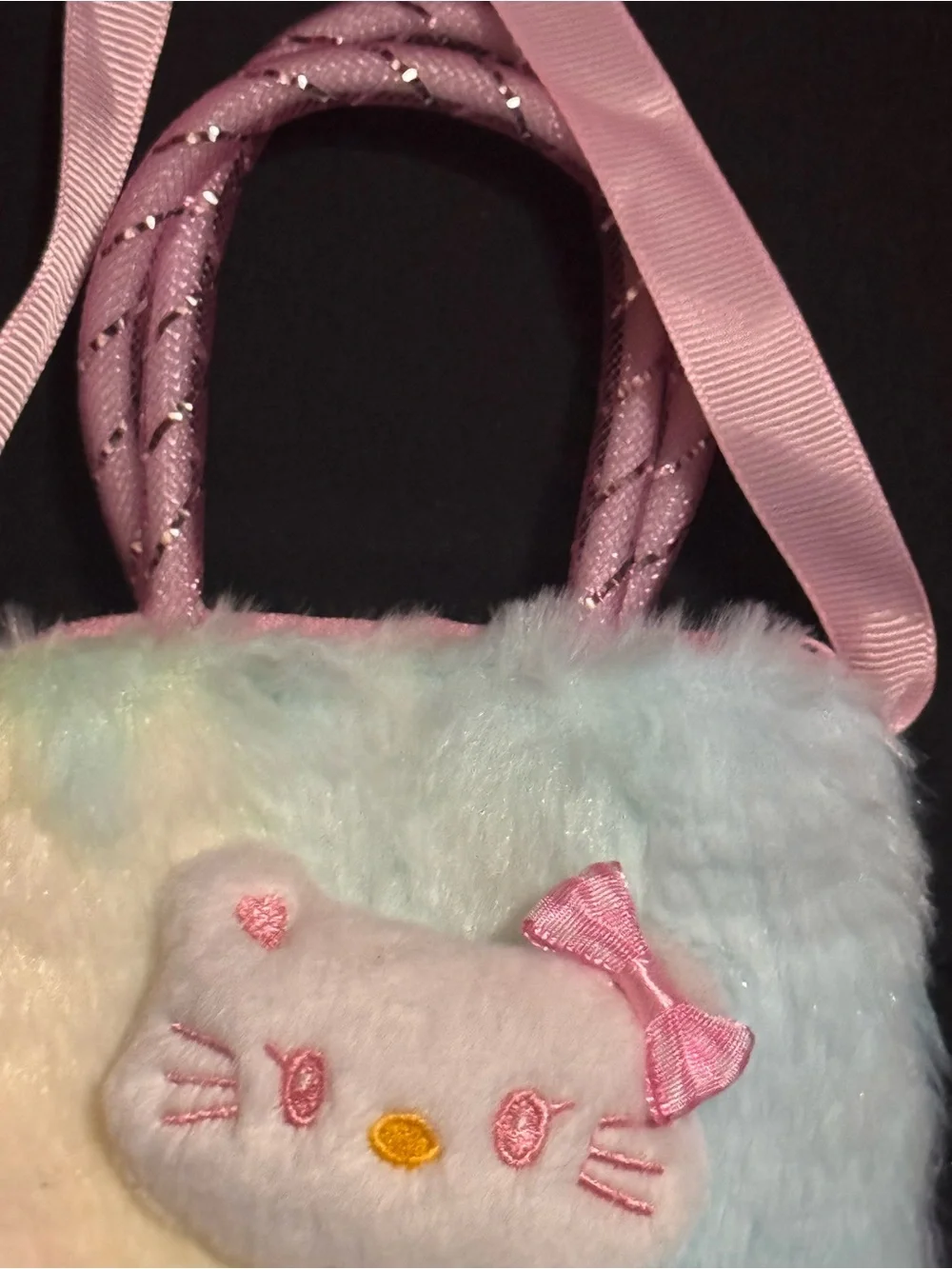 Hello Kitty- Sanrio- Mini Plush Rainbow lUnicorn Crossbody/Purse with Faux Fur